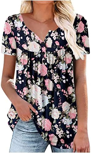 Camisas casuais florais henley para mulheres oculam tops soltos fit v pescoço de pescoço subindo blusas de manga curta 2023 verão