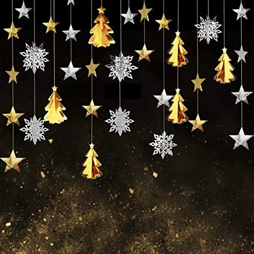 Decorações de Natal Pinkblume Metálico Metálico 3d Garland em árvore de Natal, 3D pendurado grande floco de neve, banners de estrelas de papel para Natal e prata de Natal, Ano Novo, Decorações de Festas