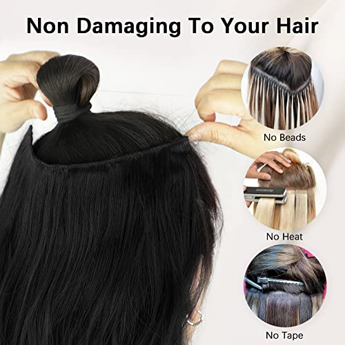 Alxnan Black Invisible Wire Hair Extensions com fio transparente Tamanho ajustável 4 Clipes seguros em extensões de cabelo