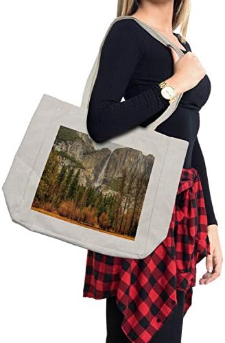 Bolsa de compras de Ambesonne Yosemite, Yosemite Falls Trees Mountain Cliff Parque Nacional do Autumn California Print, sacola reutilizável ecológica para a praia de mantimentos e mais, 15,5 x 14,5, creme