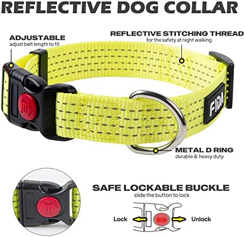 Colarinho de cachorro reflexivo FIDA, colares de cães de nylon com cores de neon para cães pequenos/médios/grandes, colares de cães de alta visibilidade com fivela de travamento de segurança