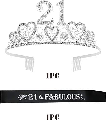 Faça de 21º aniversário de 21º aniversário para mulheres - Conjunto fabuloso: Glitter Sash + Hearts Rhinestone Silver