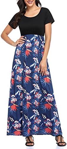 Lacavocor Womens Manga curta Maxi Vestidos Império Vestido Longo Casual com Estampa Floral Listrada