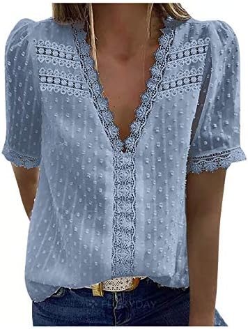 Tops de verão casuais para mulheres de manga curta Tirina de laca de renda de laca Tops de túnica vintage de túnica