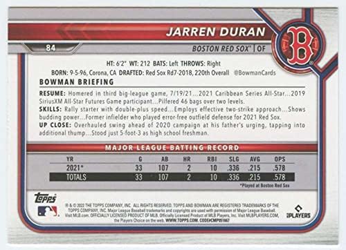 Cartão de negociação de beisebol MLB 2022 Bowman 84 Jarren Duran NM perto de Mint RC Rookie Red Sox