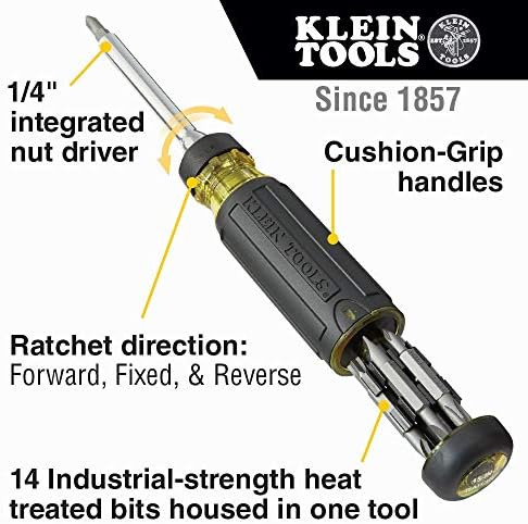 Klein Tools Recarregue o farol de tecido de farol 400 lúmens durante todo o dia de execução e 32305 Chave de fenda de catracas de vários bits