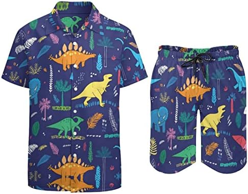 Dinossauro engraçado com palmeira folhas masculinas de 2 peças de praia Button Hawaiian Button Abaixo a manga curta e ternos