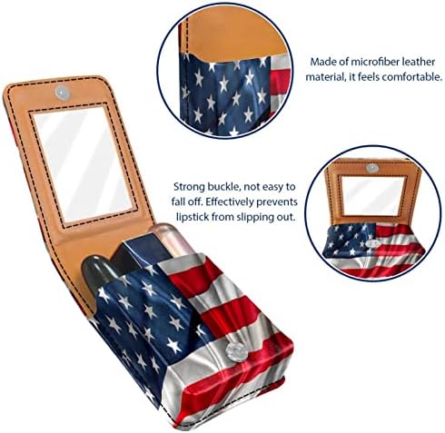 Caixa de batom de batom de viagem Guerrotkr, saco de maquiagem portátil de batom com espelho, padrão de ondulação da bandeira americana