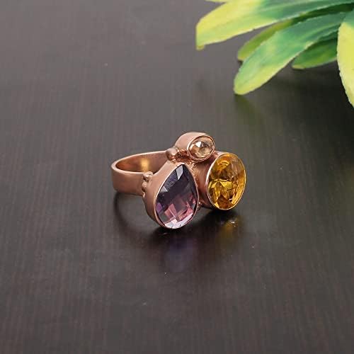 Purple Amethyst Hydro Champagne e Citrine Rose Gold Brass Brass Declaração Handmade Gemstone Ring