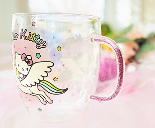 Silver Buffalo Sanrio Hello Kitty caneca de vidro unicórnio com alça de brilho | Xícara de café para café expresso,