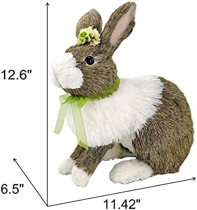 Nature Vibe 12,6 polegadas Sisal Easter Bunny Decor W Spring Decor Bow, realista de palha natural sentada na estatueta de coelhinho