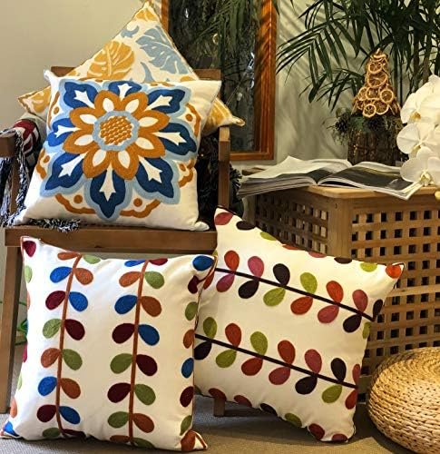 Capas de travesseiros de gatinho boho, travesseiros decorativos, almofada de bordados quadrados de almofada de almofada para o sofá -cama da sala de estar, padrão floral de plantas modernas, 18 x18 polegadas