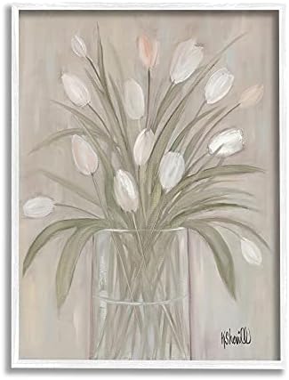 Stuell Industries Tulip Flowers Glass Jar Classic Still Life, Design de Kate Sherrill White emoldurado Arte da parede, 16 x 20, Brown