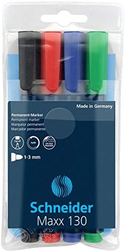 Schneider Maxx 130 Marcador permanente, 1-3 mm, barril preto, cores de tinta variadas, pacote de 4 marcadores: preto, vermelho,