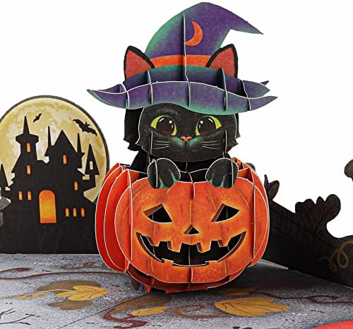 Liif Halloween Pumpkin Black Cat 3D Card, cartão de Halloween, fofo, gatinho, truque ou tratamento | Com nota de mensagem