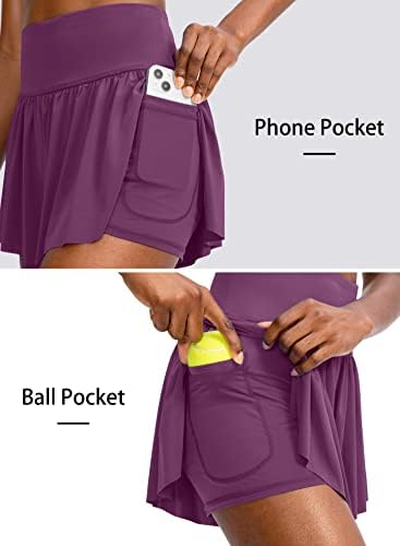 Shorts de corrida esvoaçante para mulheres com 4 bolsos 2 em 1 Coloque alta borboleta feminina Treino de tênis atlético shorts