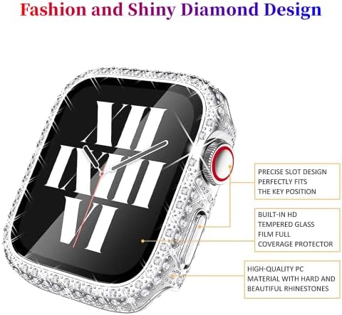 Trend Shiny Diamonds Case PC com vidro temperado para Apple Watch Series 8 7 6 5 4 Se capa atraente atraente Bling Anti-Scratch