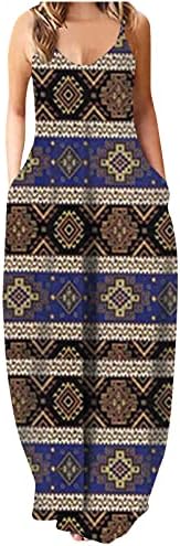 Vestidos maxi de verão para mulheres astecas ocidentais azteca étnica geométrica estampada com estampa sem mangas V vestido longo da moda casual do pescoço