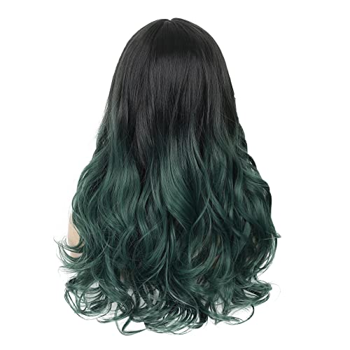 Dai Cloud Black Green Wigs com franja para mulheres longas ondulação de cabelos encaracolados Raízes escuras perucas para mulheres