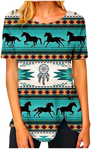 Camiseta das aztec de verão Tops feminino de impressão feminina camisetas gráficas casuais de manga curta de botão de pescoço do pescoço