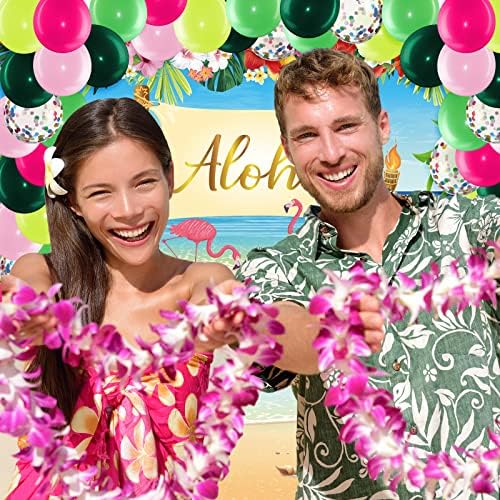 Honoson 96 PCs Hawaiian Aloha Decorações de festas incluem Aloha Flamingo Banner Banner Verão Havaiano Leis e Balões