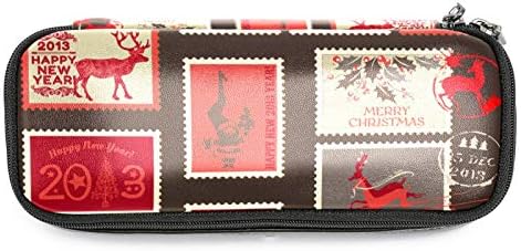 Christmas Postage Carros de couro para lápis bolsa de caneta com bolsa de armazenamento de papelaria dupla com zíper para escritórios