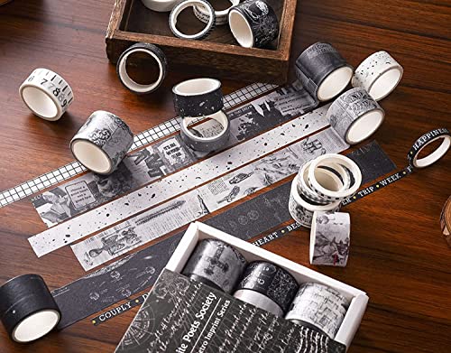 Conjunto de fitas de washi preto e branco, 20 rolos de fita adesiva para suprimentos de scrapbooking amplo fita decorativa para diário, planejador, artesanato de bricolage
