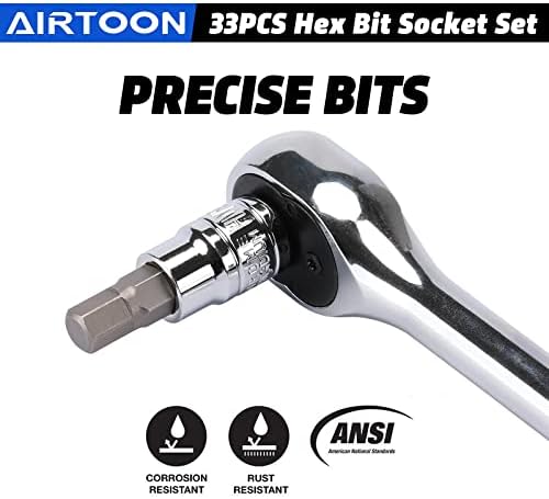 Airtoon 33 PCS Mestre Hex Bit Socket Set, 1/4 '', 3/8 ', 1/2' 'Setor de acionamento, SAE e METRIC, S2 & CR -V AÇO,
