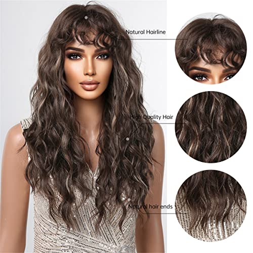 Allbell Long Brown Curly Wigs for Women Deep Wave Wigs com perucas resistentes ao calor sintético da franja com destaques…