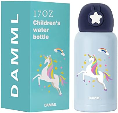 Damml Kids Water Bottle, térmicos de aço inoxidável isolados com palha à prova de vazamento, alça de ombro de garrafa