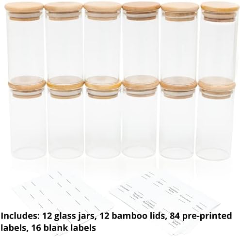 12 peças-5 oz de jarra de especiarias de tampa de bambu ecológica de 5 onças com 84 minutos de rótulos de especiarias à prova d'água pré-impressa, rótulos de 16 em branco-para especiarias, tempero, armazenamento de ervas e organização de cozinha