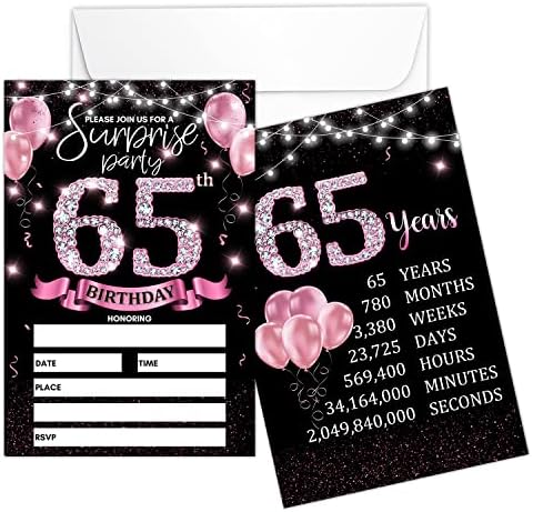 Card de convite de festa de aniversário de 65 anos - Convites de ouro rosa com a impressão de placas de aniversário nas costas