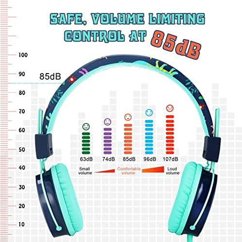 Fones de ouvido infantis de base, fones de ouvido para meninos meninos filhos adolescentes de 3,5 mm com fio de fone de ouvido em fone de ouvido com 85dB de volume, fones de ouvido estéreo com microfone para smartphones school Kindle iPad PC tablet - azul