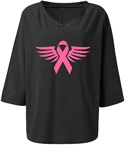 Camisa da blusa para meninas Summer Summer outono 3/4 manga 2023 algodão de linho/pescoço gráfico de cancelamento de câncer de mama 43