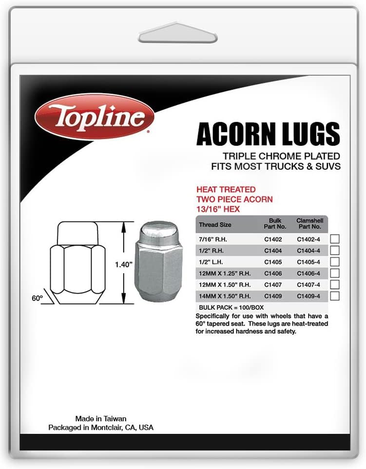 PRODUTOS TOPLINE C1407-4P | Premium cromado tratado térmico de duas peças de bolota de bolota | 12x1.50 R.H. Tamanho da linha | 13/16 Hex | 1,40 de altura | Assento cônico de 60 graus | Pacote de 4