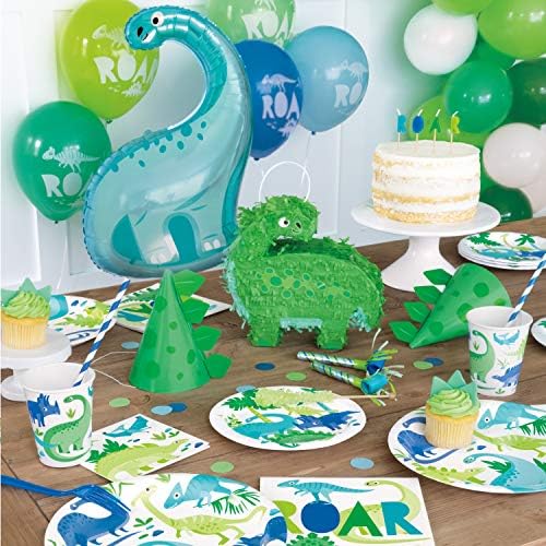 Placas de papel para jantar redondos - 9 | Dinosauro azul e verde | 8 PCs