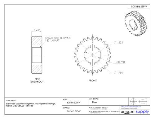 Boston Gear GB26 Engrenagem de troca de planos, ângulo de pressão de 14,5 graus, 16 phit, 0,750 , 26 dentes, aço