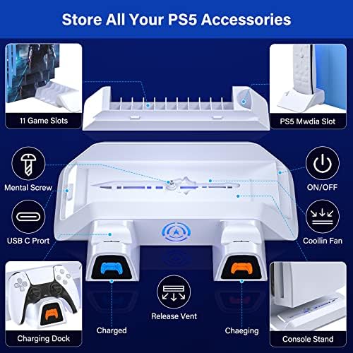 PS5 Stand e Estação de Refrigeração com Dual PS5 Controller Charging Station para PlayStation 5 PS5 Console Disc/Digital Edition,