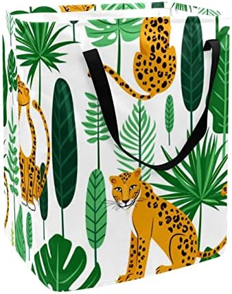 Leopardo com folhas de palma folhas estamadas cestas de roupa dobrável, cestas de lavanderia à prova d'água de 60l