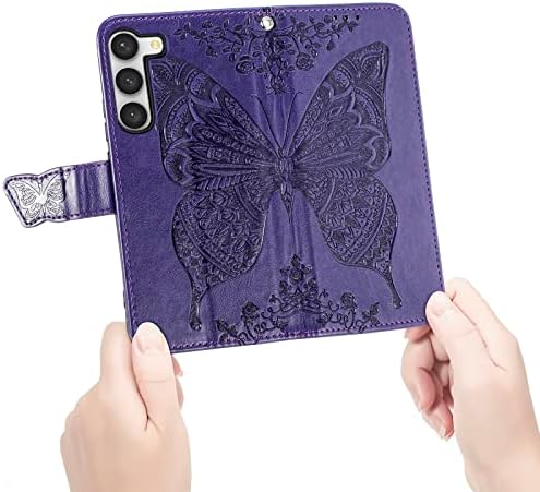 Digplus Galaxy S23 5G Caixa da carteira, [Butterfly & Flower Remesed] PU Caixa de couro Flip Flip Protection Telefing Tampo com