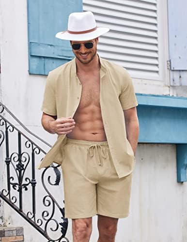 Coofandy Men's 2 Peça Conjunto de linho Casual Casual Camisa e Shorts Conjuntos de praia