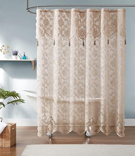 Cortina de chuveiro de renda de linho de linho quente com valência anexa e borlas elegantes. 72 x 84 cortina de chuveiro