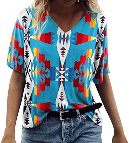 Womens Western asteca asteca étnicas de impressão geométrica de manga curta Casual V camise