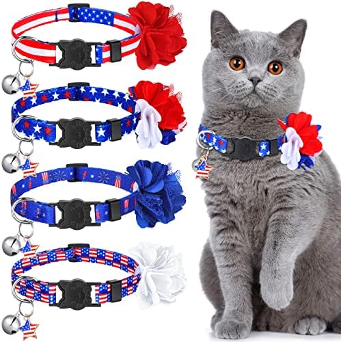 4 PCs Patriótico American Flag Cat Collar Breakaway com Bell e Flowers Removable Star Stripes colares de cachorro Cola