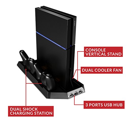 Almofada de refrigerador PS4 para suporte vertical PS4 padrão com ventilador de resfriamento de ar e porta de cubo USB | Premium seguro PS4 Stand com estações de carregamento duplo para controladores de DualShock | Preto