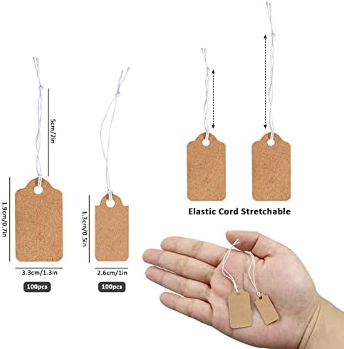 200pcs Mini Kraft Preço Tags com cordas elásticas, 2 tamanhos Tags de marcação em branco 1.3x2.6cm/0,5x1in e 1,9x3.3cm/0,7x1.3in,