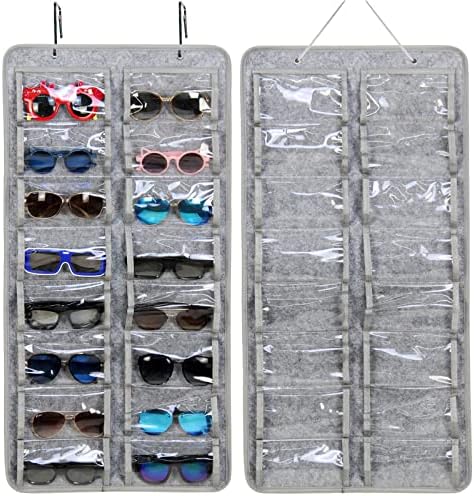 Organizador de óculos de sol Casaphoria, Organizador de óculos de bolso de parede à prova de poeira - 16 slots de solto de óculos de sol Soltizador de óculos de sol com gancho de metal e corda robusta, x -large, cinza, prova de poeira