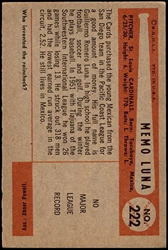 1954 Bowman 222 Memorando Luna St. Louis Cardinals Ex/Mt+ Cardinals