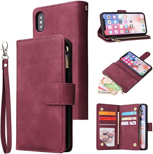 Caixa de telefone lbyzcase para iPhone XS Max, capa de couro da carteira de fólio de fólio de luxo [bolso com zíper] [fechamento magnético] [pulseira] [Kickstand] para a maçã iphone xs max 6,5 polegadas de largura vermelha