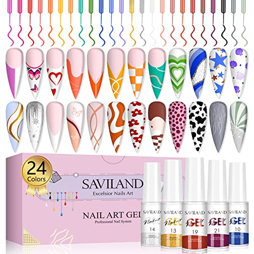 Saviland gel Gel Polish Gel Liner Unh Nail Art Conjunto - 24 Cores Polish da arte com pincel fino para puxar em linha, tinta em gel